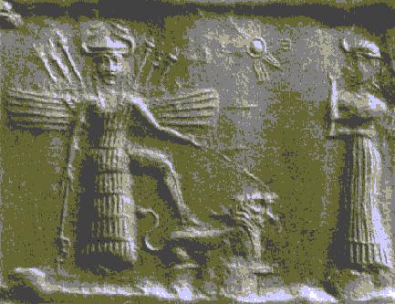 Inanna with wings, horns, and a crown, standing on a lion